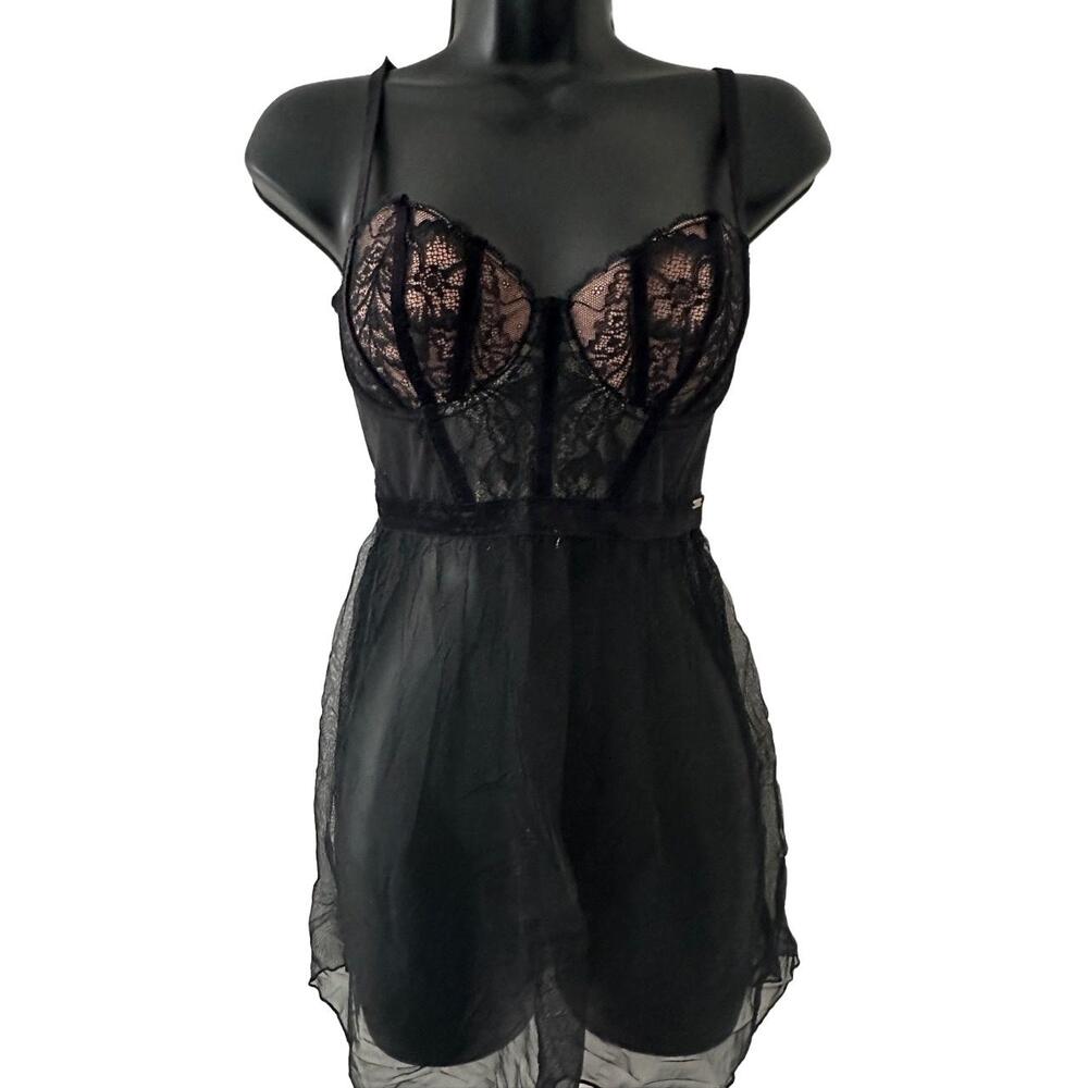NWT Adore Me Lingerie Womens Size 32D Black Babydoll Sheer Lace Spaghetti Straps